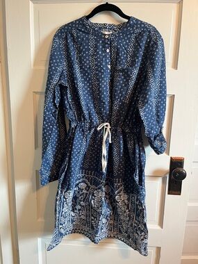 Blue Printed Waist-Tie Women's Dress